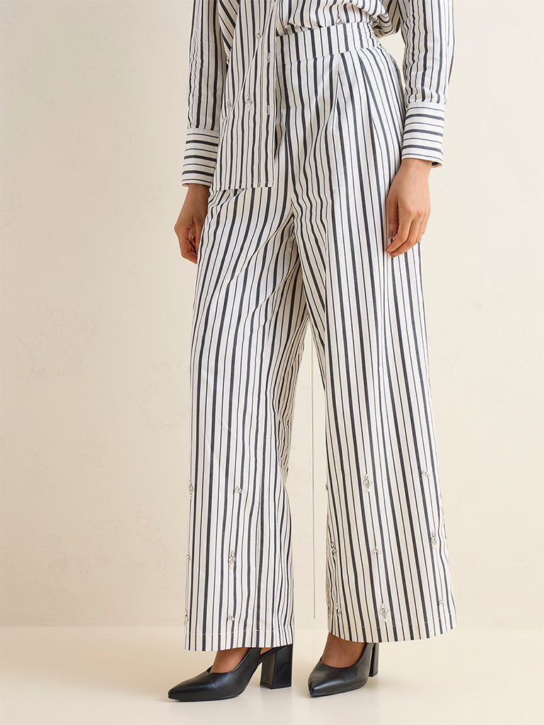 Wardrobe Off-White Diamante Embellished Striped Cotton High-Rise Pants