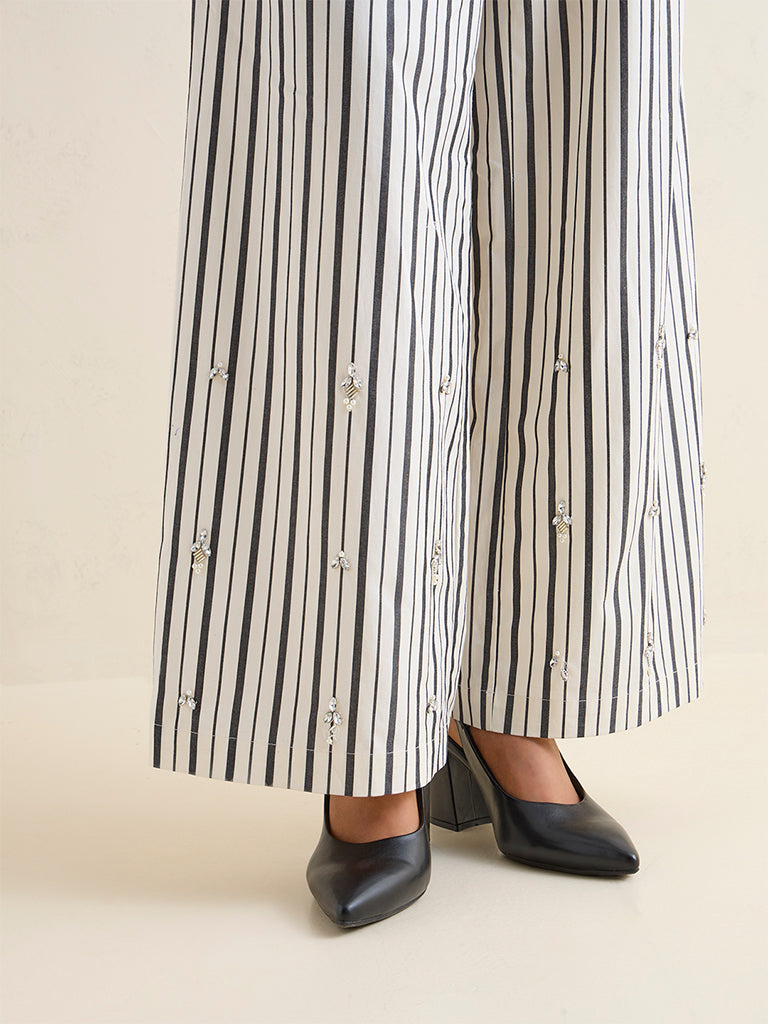 Wardrobe Off-White Diamante Embellished Striped Cotton High-Rise Pants