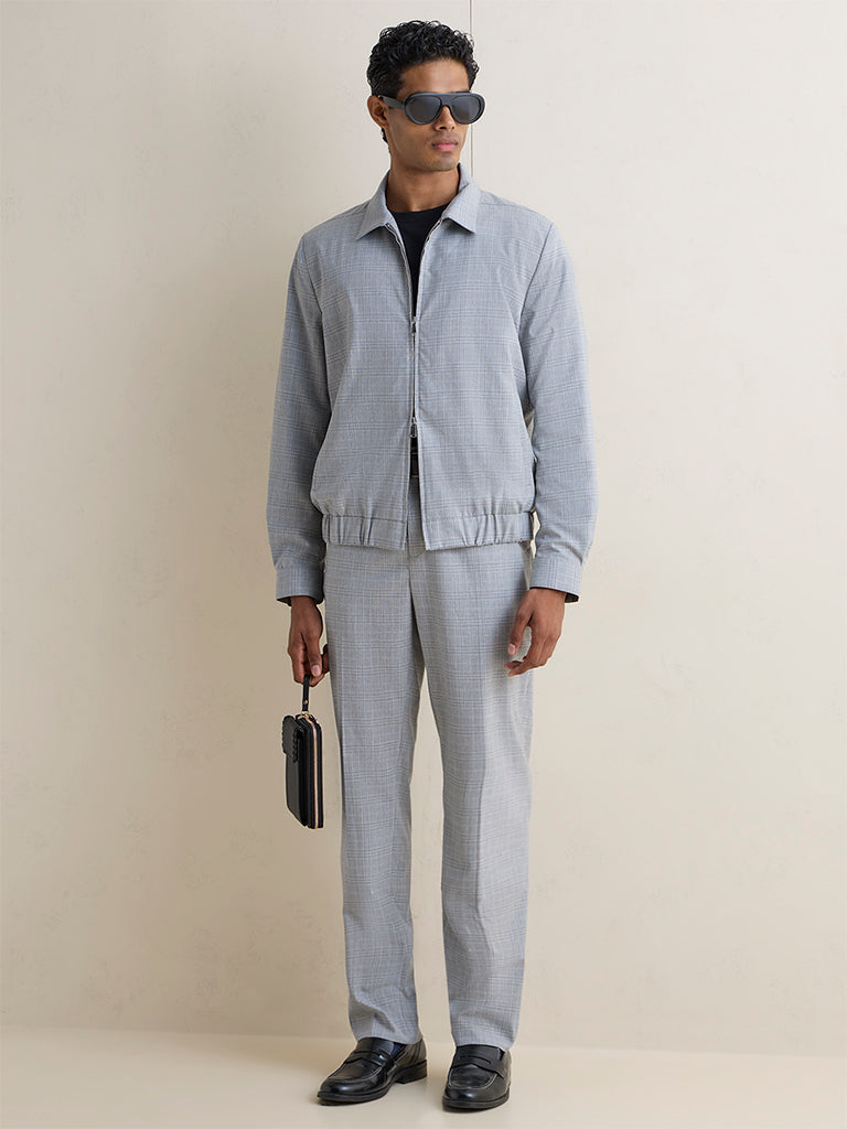 WES Formals Grey Plaid Checkered Cotton Slim-Fit Jacket
