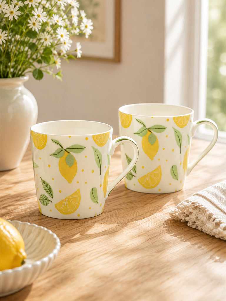 Westside Home Yellow Lemon Printed Mugs - Set of 2