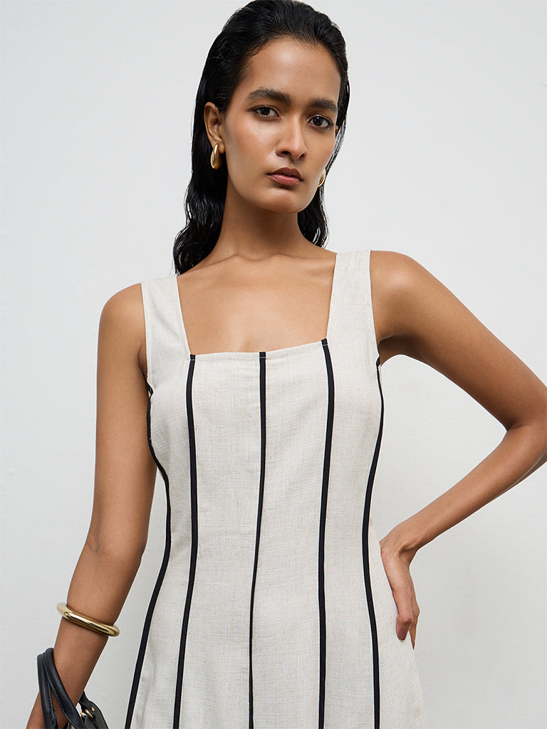 Wardrobe Light Beige Striped A-Line Dress