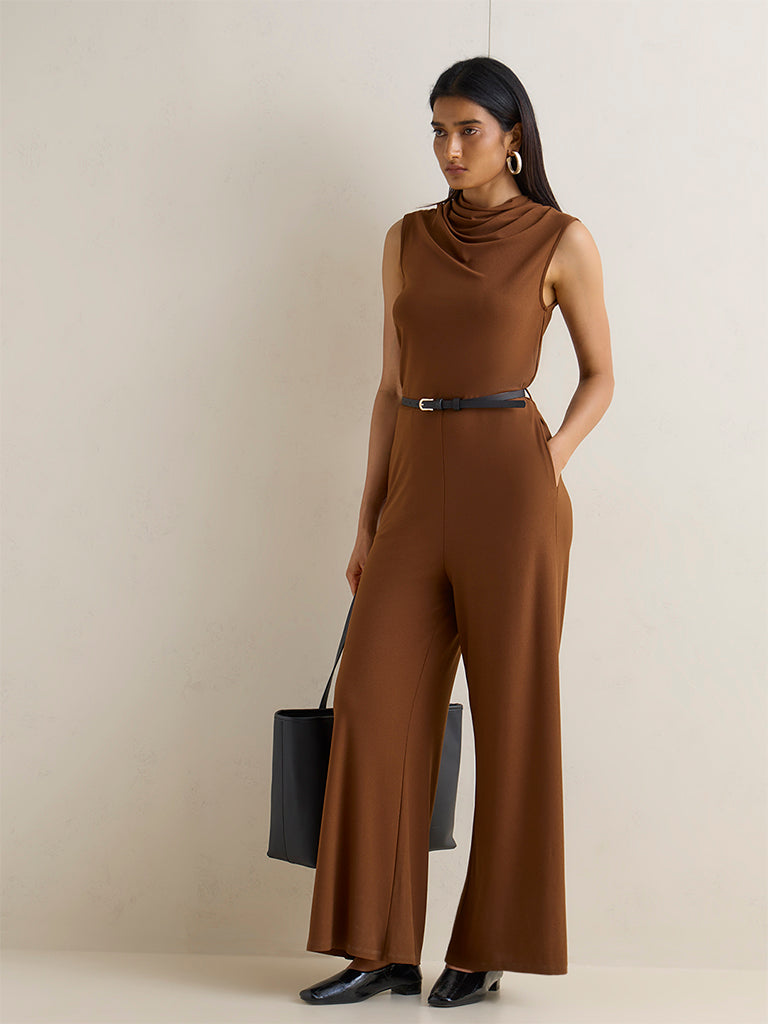 Wardrobe Brown Solid Jumpsuit with Belt
