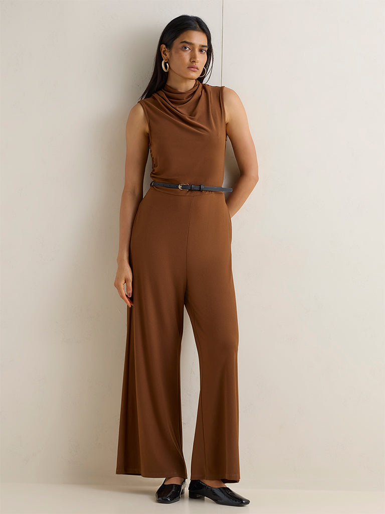 Wardrobe Brown Solid Jumpsuit with Belt