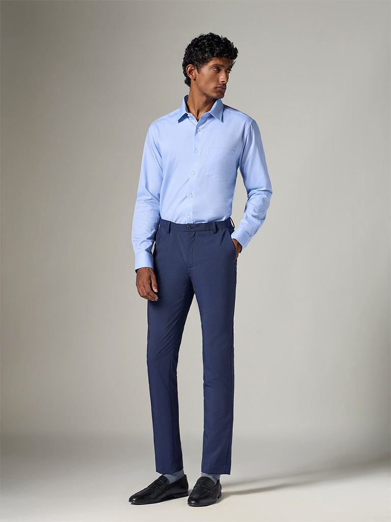 WES Formals  Blue Slim-Fit Cotton Shirt
