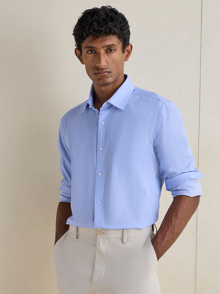 WES Formals Light Blue Slim-Fit Cotton Shirt