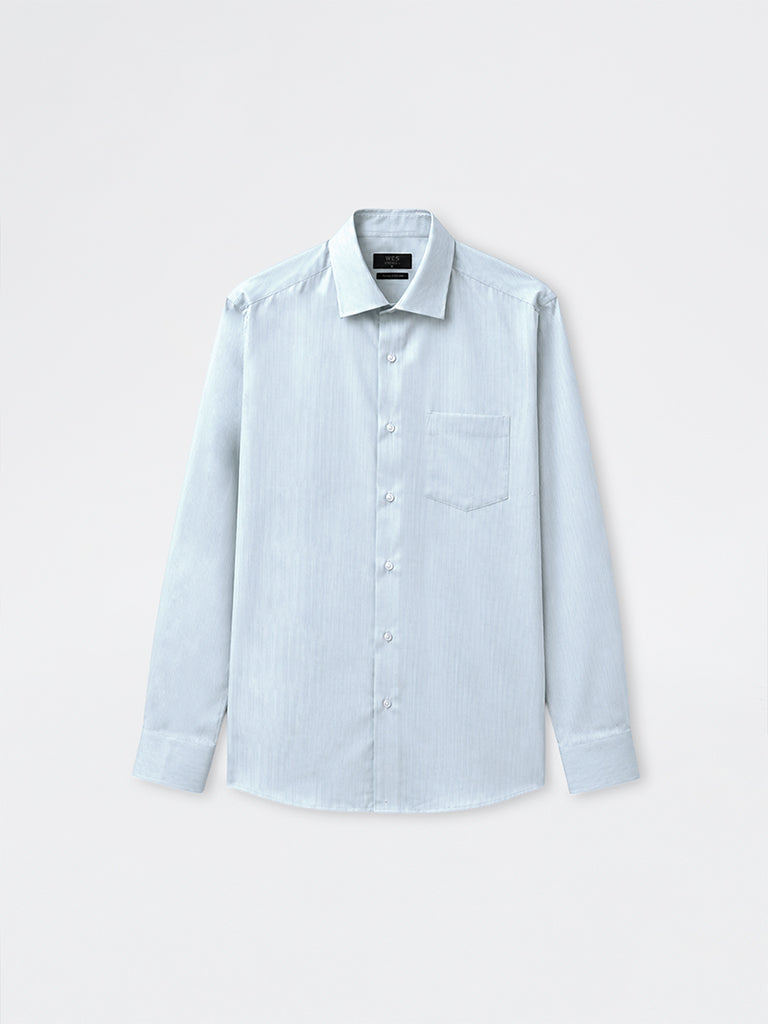 WES Formals Teal Stripe Printed Slim-Fit Cotton Shirt