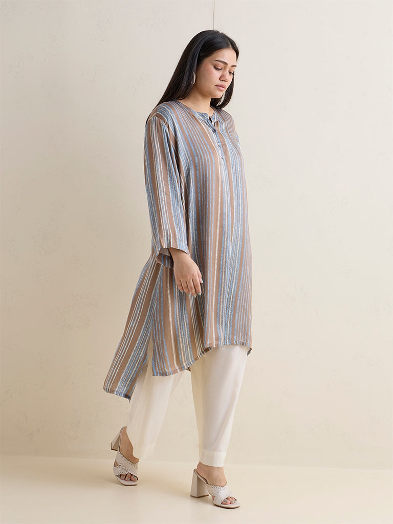Diza Brown Striped High-Low Kurta