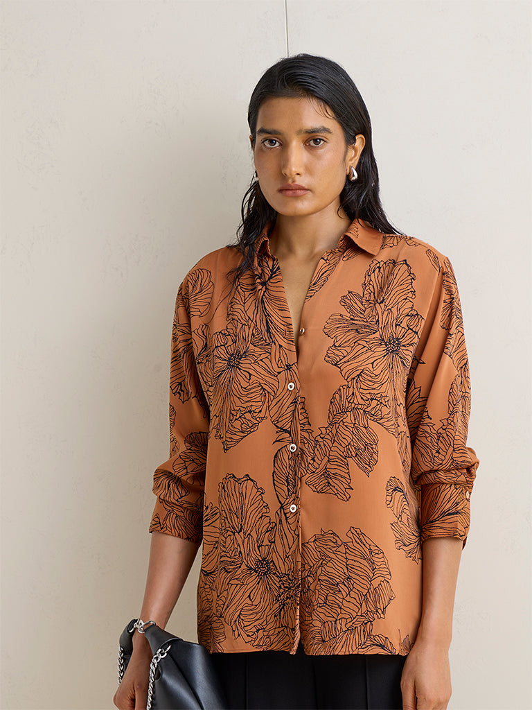 Wardrobe Brown Floral Design Satin Shirt