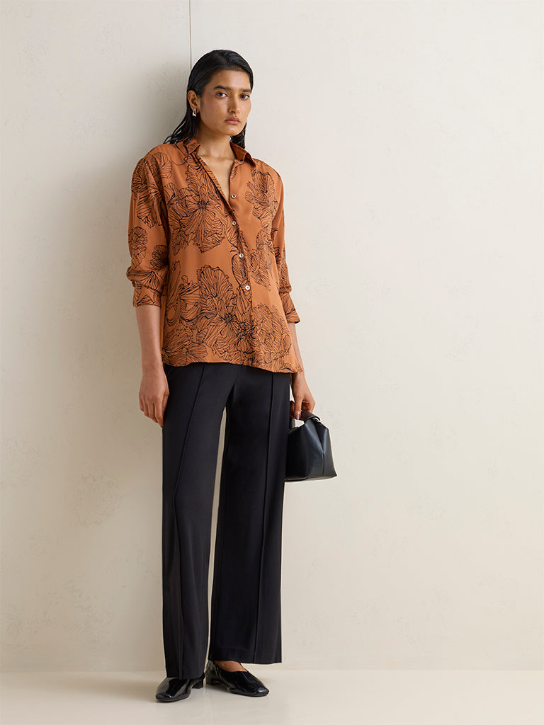 Wardrobe Brown Floral Design Satin Shirt