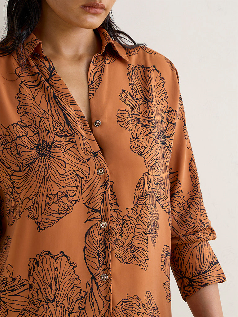 Wardrobe Brown Floral Design Satin Shirt