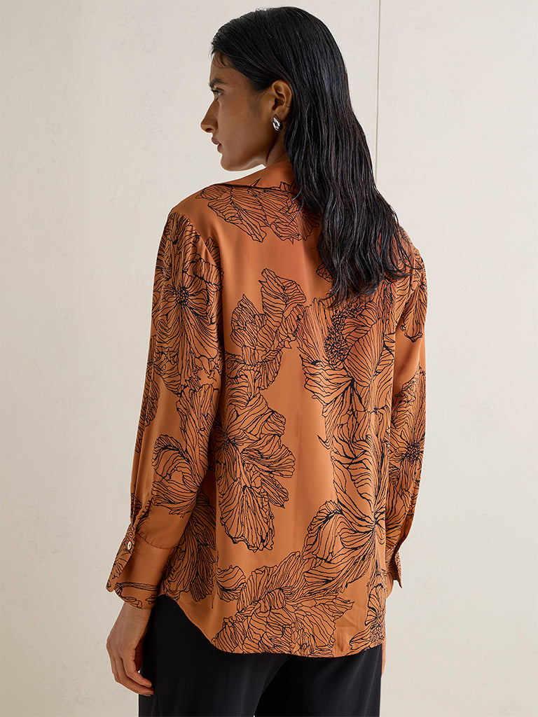 Wardrobe Brown Floral Design Satin Shirt