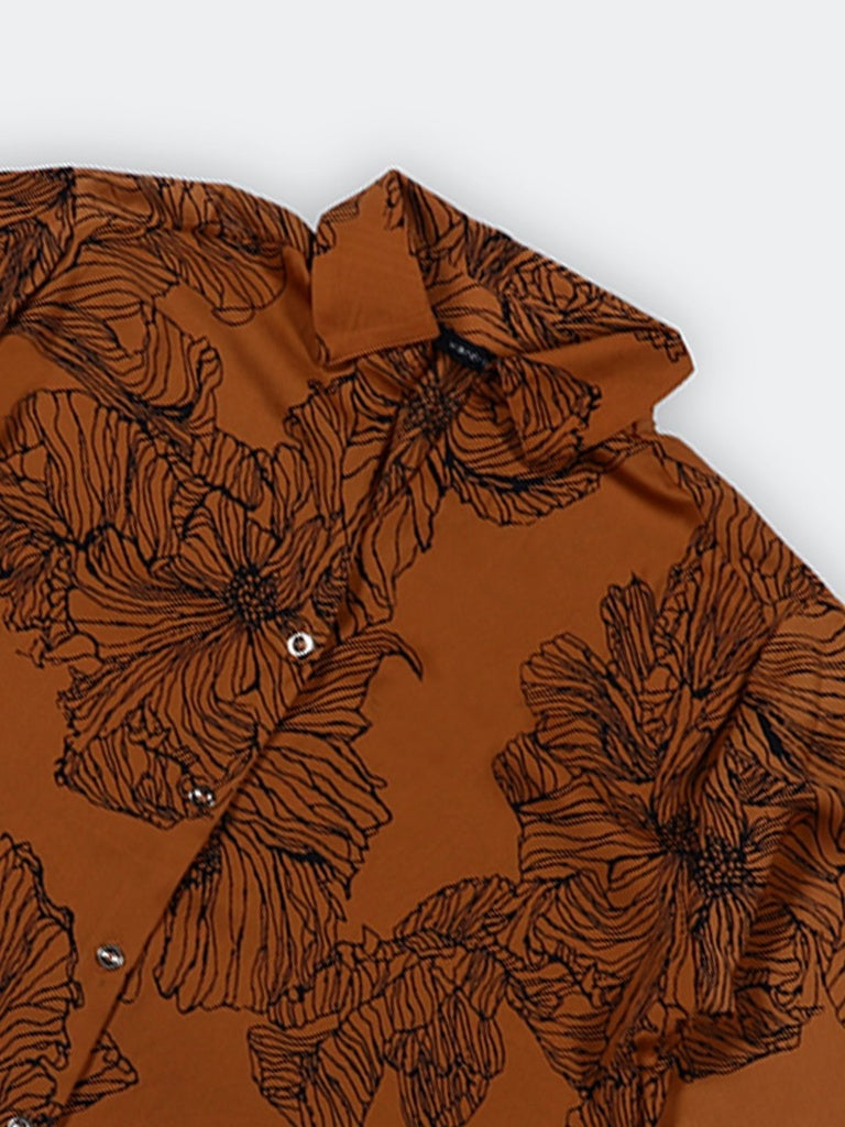Wardrobe Brown Floral Design Satin Shirt