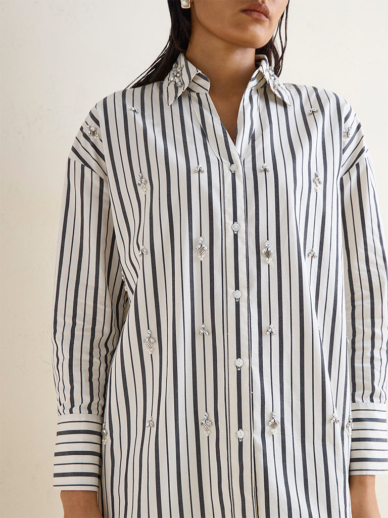 Wardrobe Off-White Diamante Embellished Striped Cotton Shirt