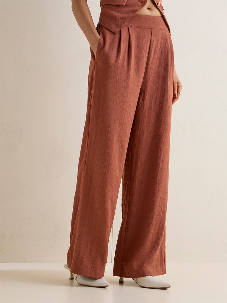 Wardrobe Rust Self-Textured High-Rise Trousers