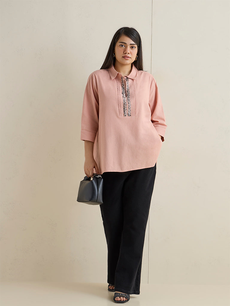 Gia Peach Diamante-Detail Cotton-Blend Blouse