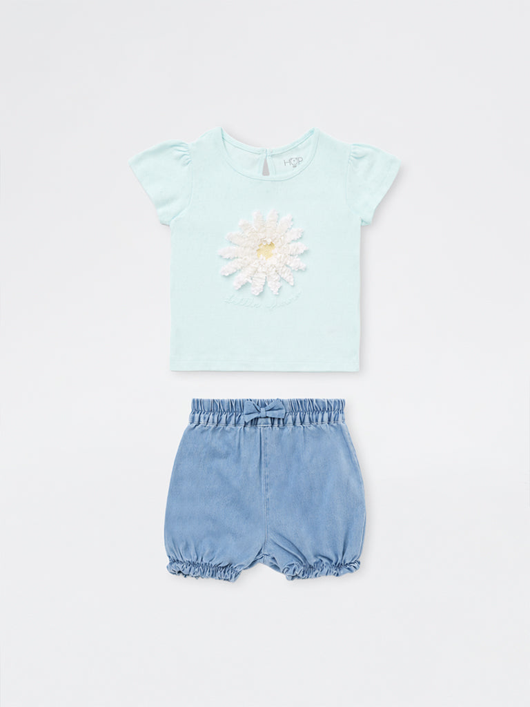 HOP Baby Girls Aqua Floral Applique Cotton T-Shirt and Shorts Set
