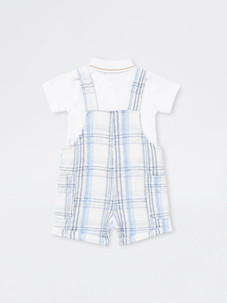 HOP Baby Boys Blue Checkered Dungaree with Polo T-Shirt Set