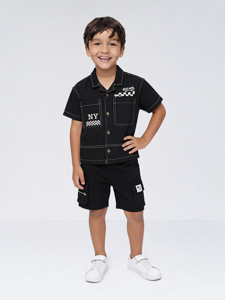 HOP Kids Boys Black Graphic Printed Cotton Shirt