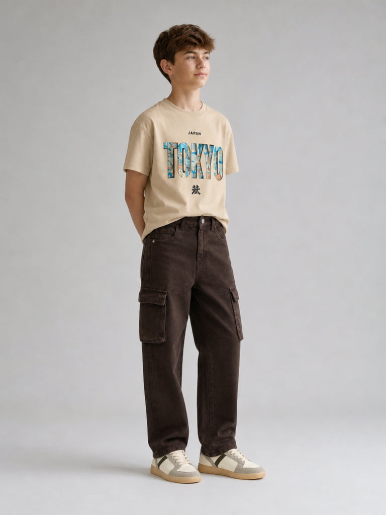 Boys Beige Text Printed Cotton T-Shirt