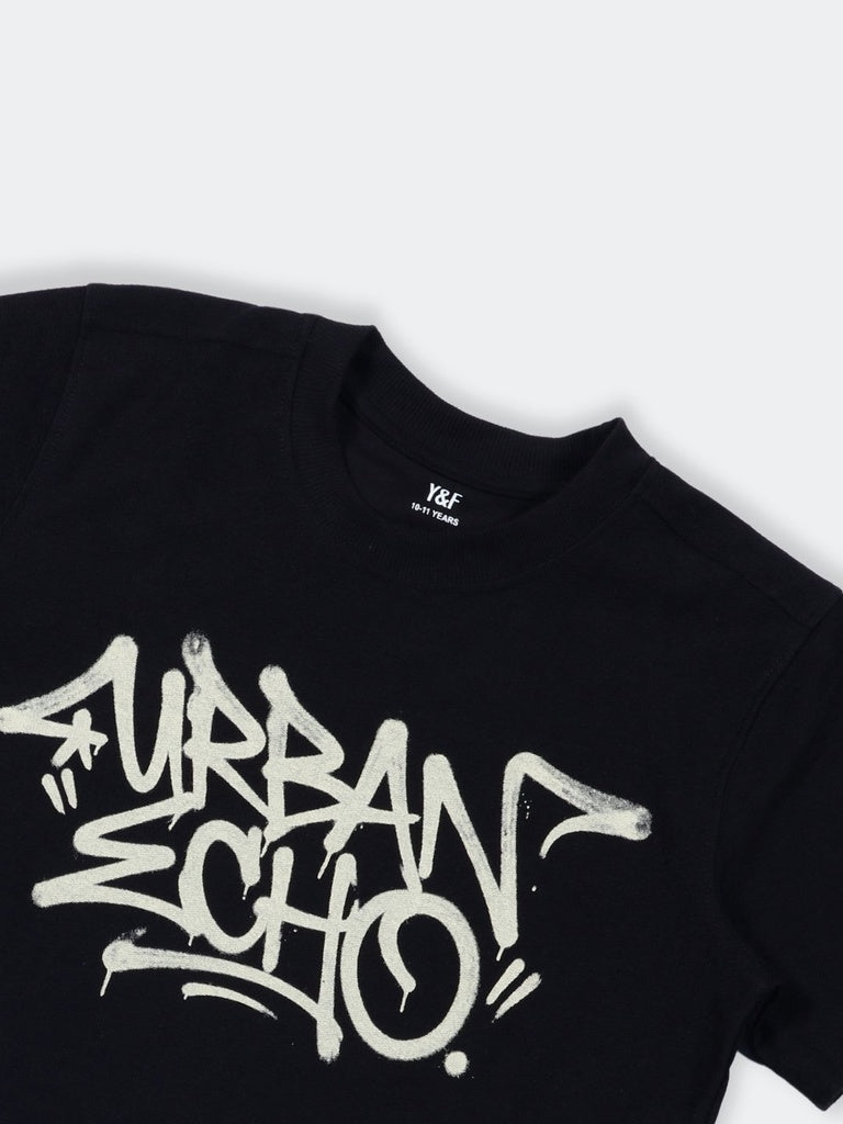 Boys Black Spray Printed Cotton T-Shirt