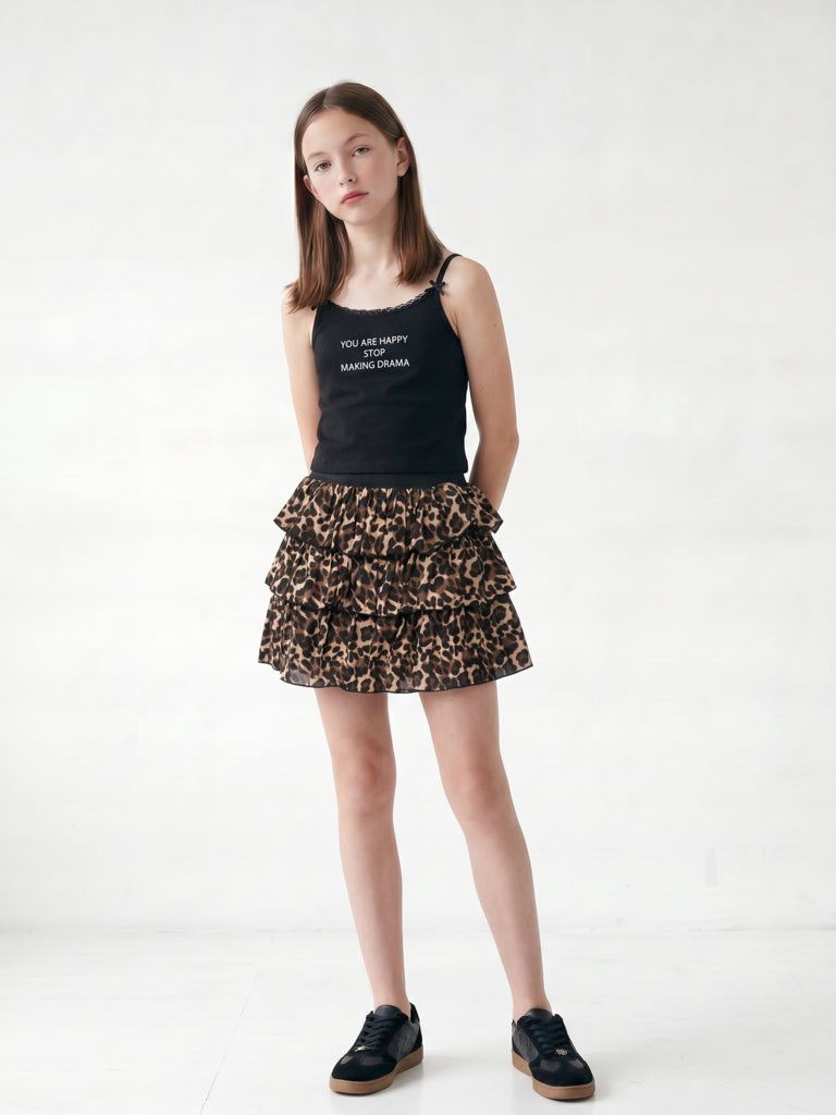 Girls Brown Animal Printed High-Rise Tiered Skirt