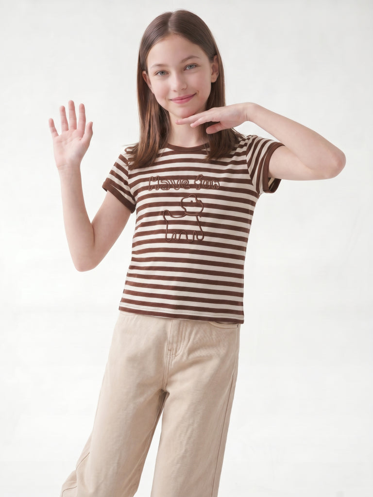 Girls Brown Striped Cotton-Blend T-Shirt