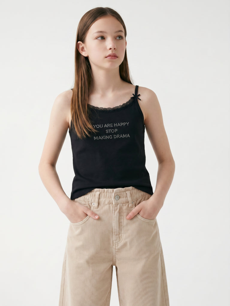 Girls Black Text-Detailed Cotton-Blend Top