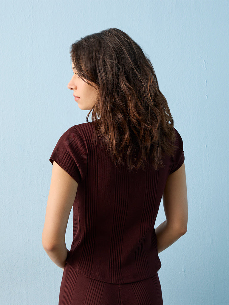 Superstar Dark Brown Ribbed Cotton-Blend Top