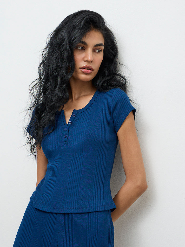 Superstar Navy Ribbed Cotton-Blend Top