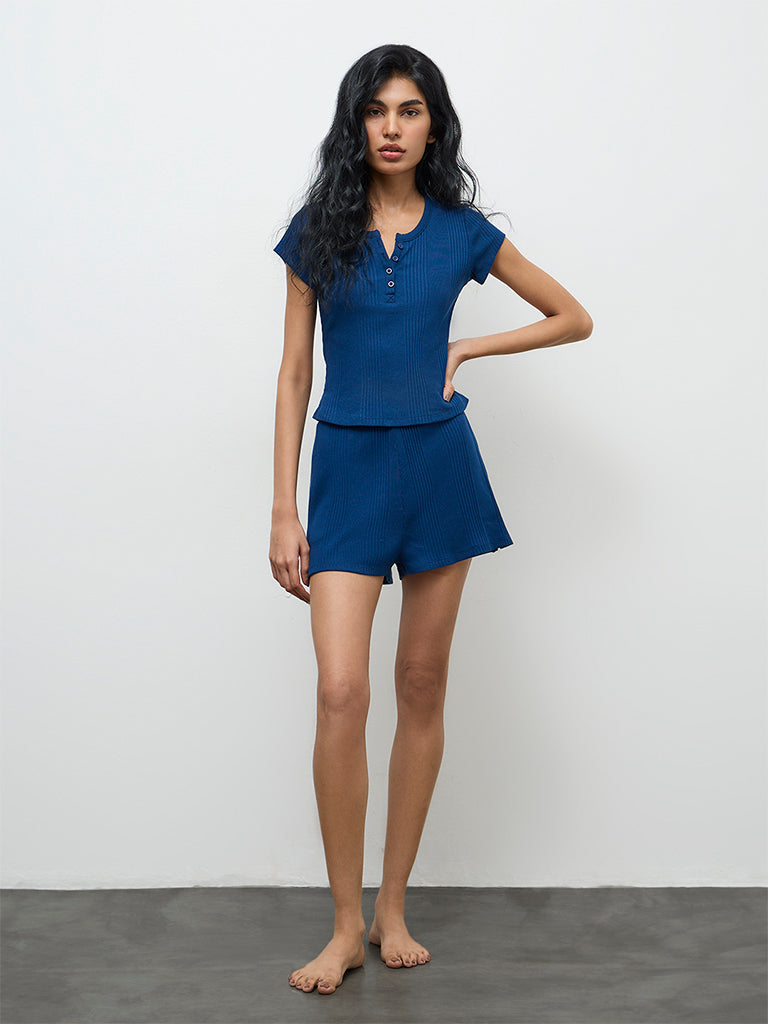 Superstar Navy Ribbed Cotton-Blend Top