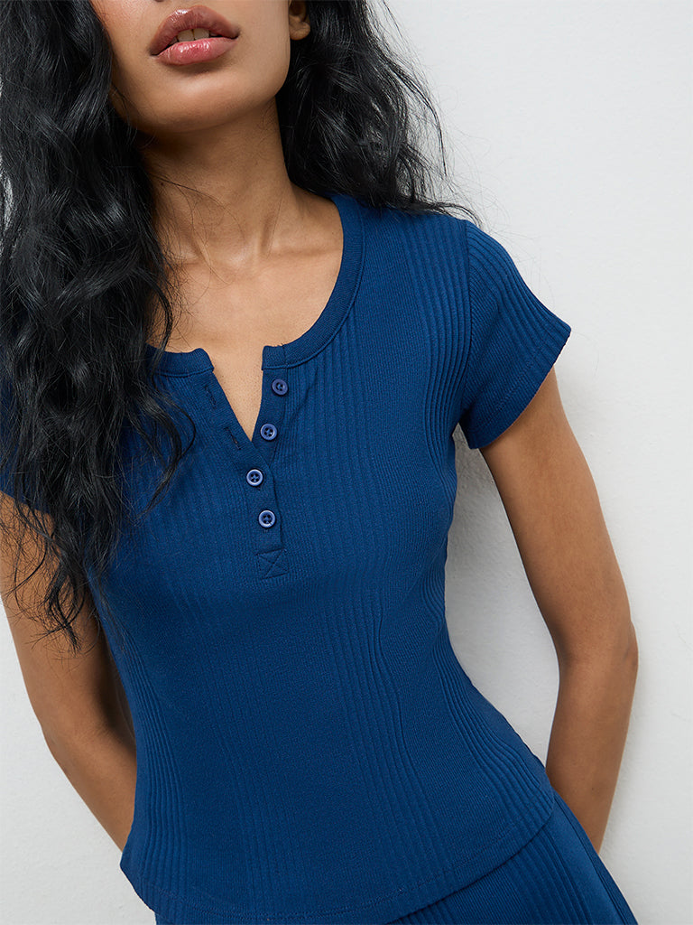 Superstar Navy Ribbed Cotton-Blend Top