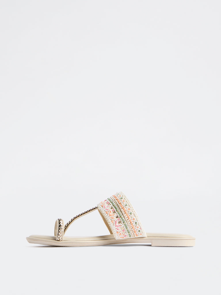 LUNA BLU Peach Embellished Kolhapuri Sandals