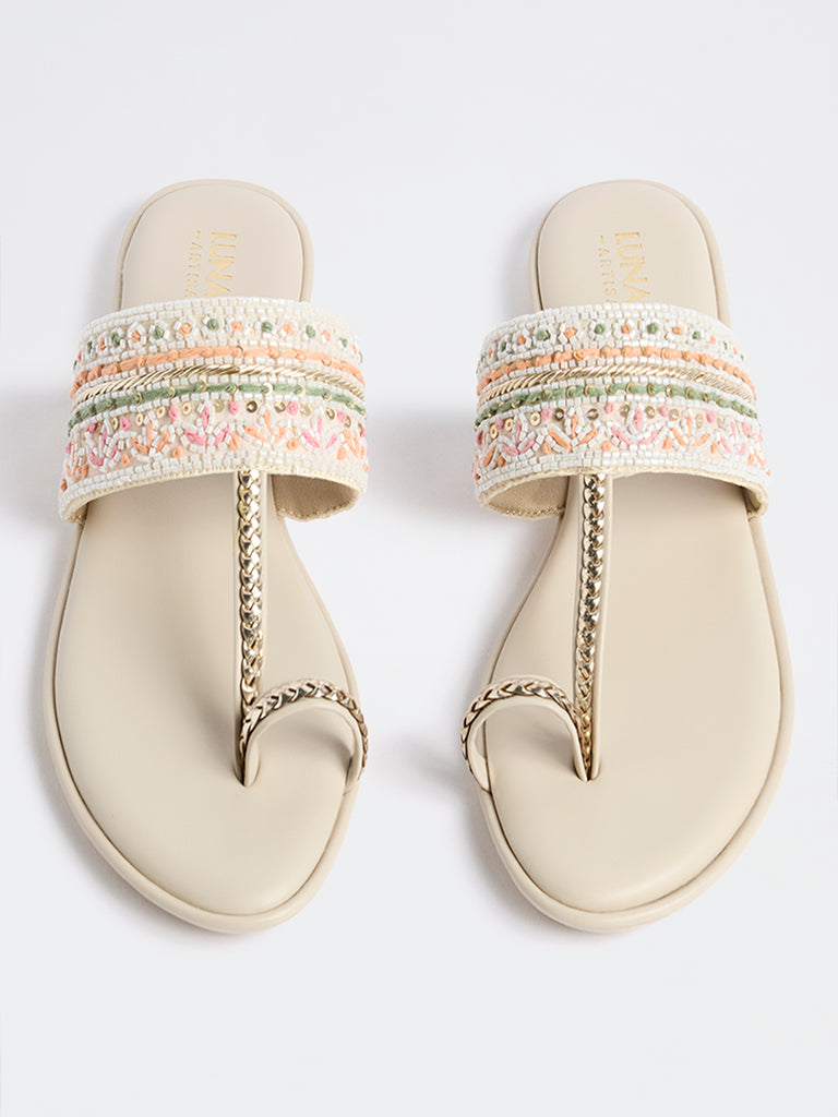 LUNA BLU Peach Embellished Kolhapuri Sandals