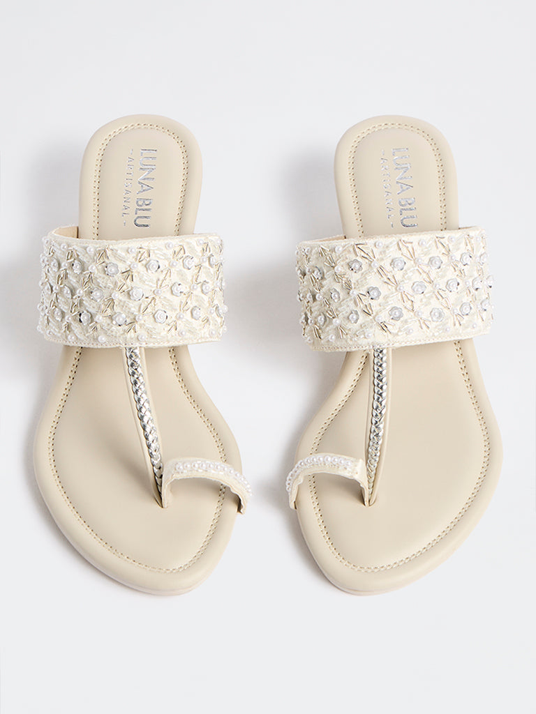 LUNA BLU Ivory Embellished Kolhapuri Wedge Heel Sandals