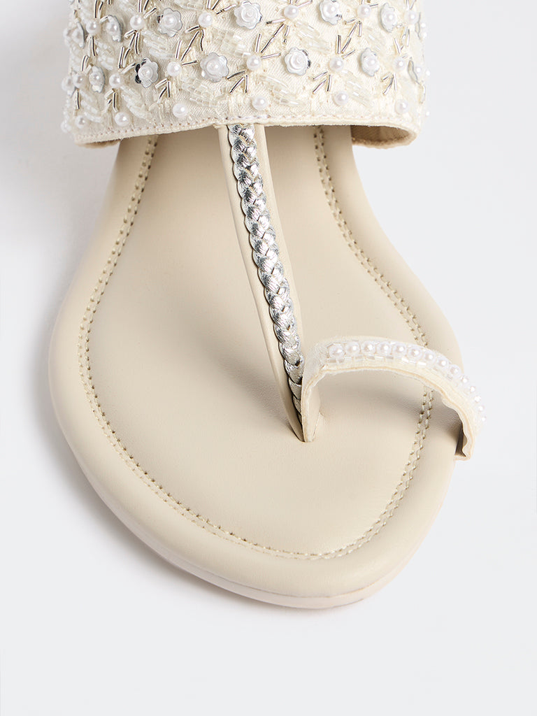 LUNA BLU Ivory Embellished Kolhapuri Wedge Heel Sandals