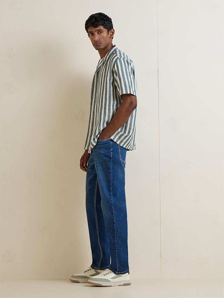 WES Casuals Dark Sage Striped Relaxed-Fit Cotton-Blend Shirt