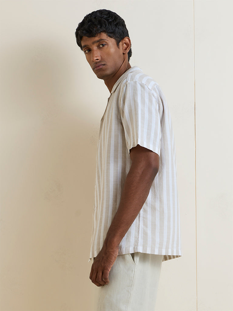 WES Casuals Light Taupe Striped Relaxed-Fit Cotton-Blend Shirt