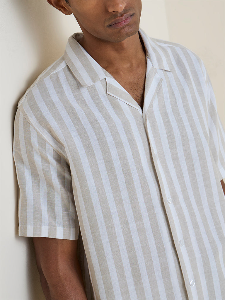 WES Casuals Light Taupe Striped Relaxed-Fit Cotton-Blend Shirt