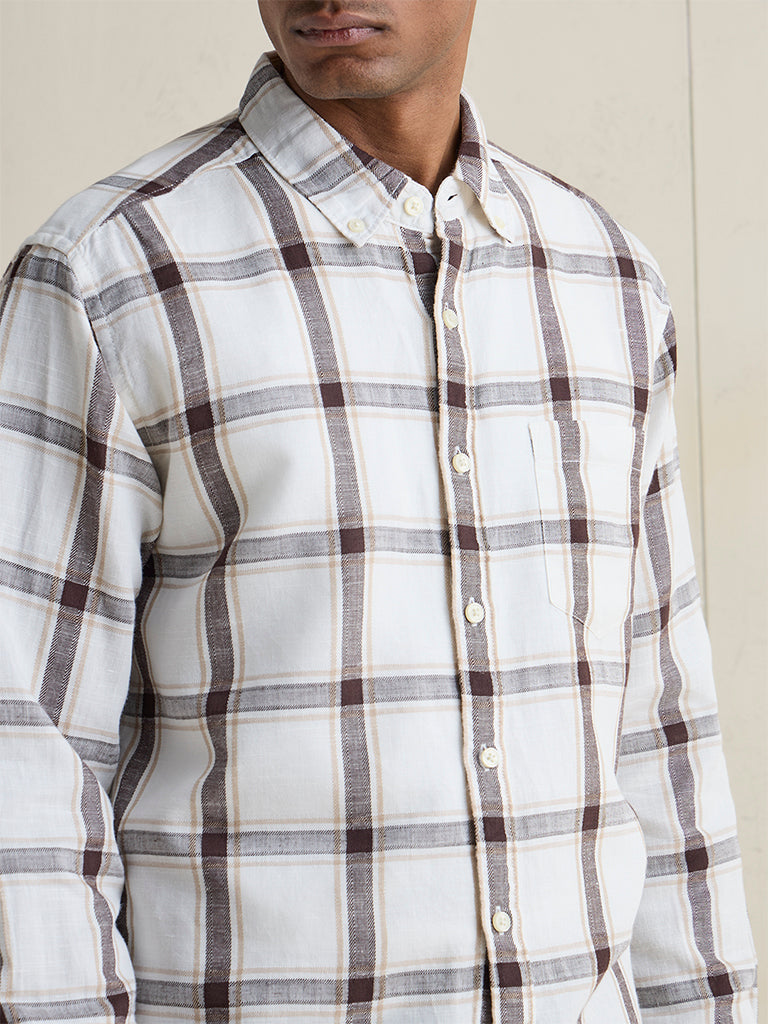WES Casuals Brown Checkered Relaxed-Fit Cotton-Blend Shirt