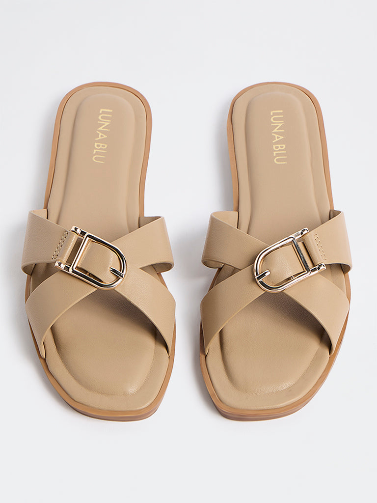 LUNA BLU Light Tan Criss-Cross Strap Slides
