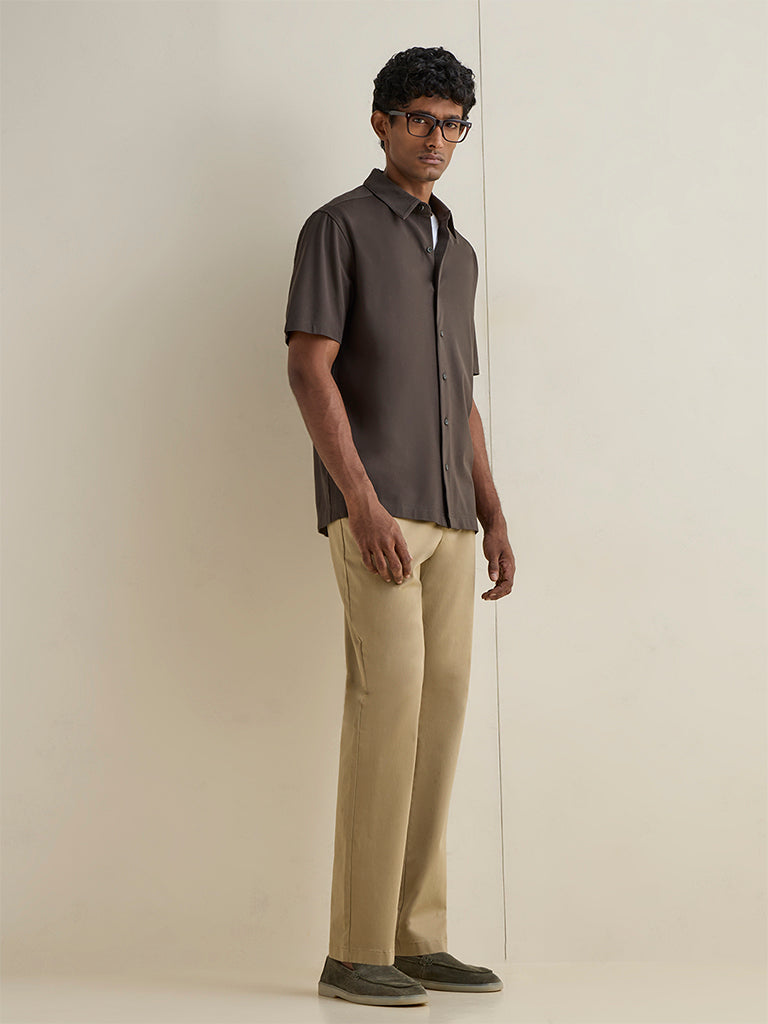 Ascot Beige Relaxed-Fit Mid-Rise Trousers