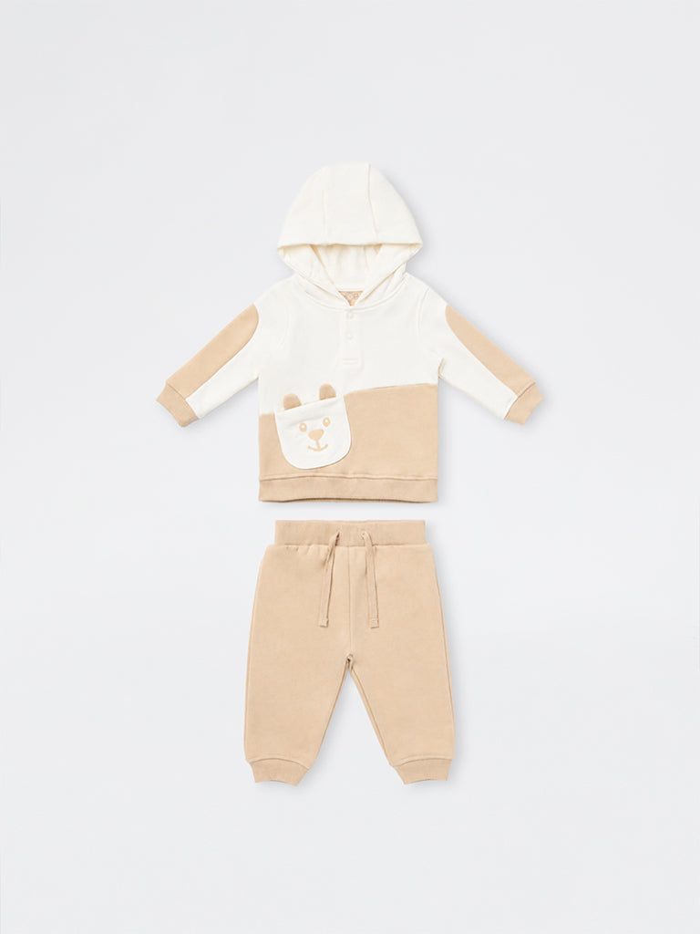 HOP Baby Boys Beige Colour-Blocked Cotton-Blend Sweatshirt and Pants Set
