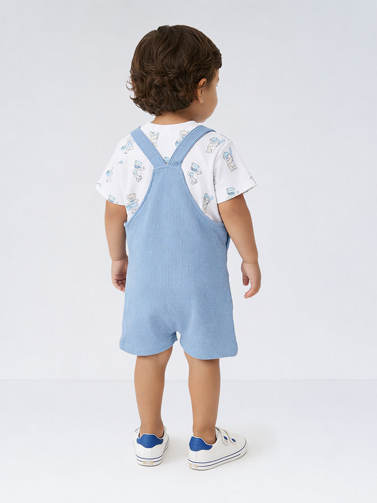 HOP Baby Boys Dusty Blue Waffle Textured Cotton Dungaree and T-Shirt Set