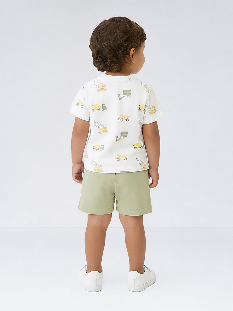 HOP Baby Boys White Printed Cotton T-Shirt and Shorts Set
