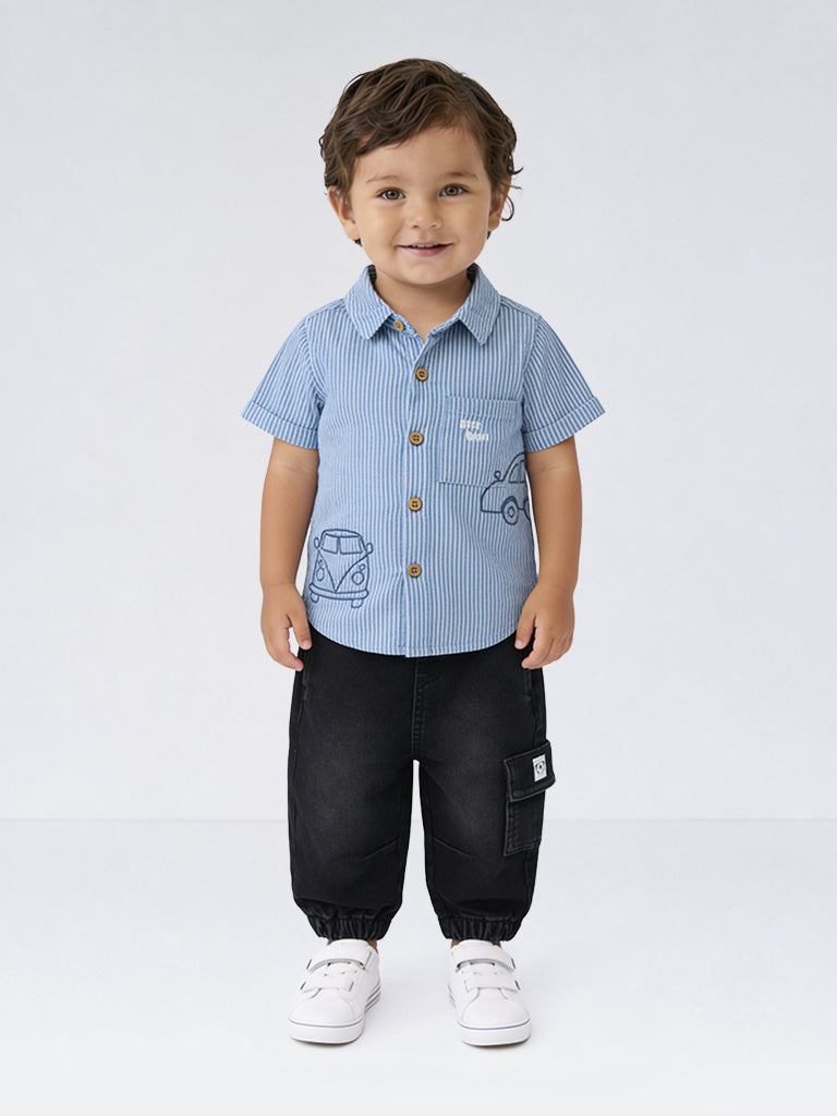 HOP Baby Boys Blue Embroidered Denim Shirt