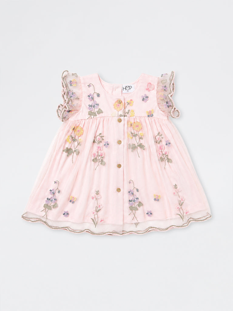 HOP Baby Girls Pink Floral Embroidered A-Line Dress