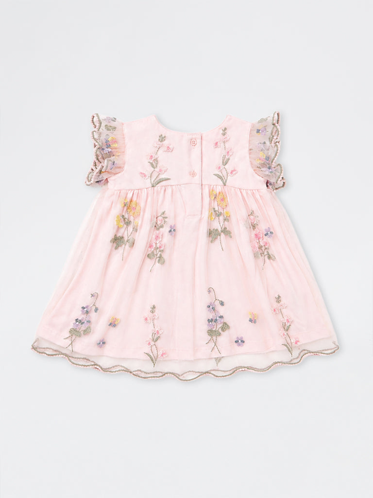 HOP Baby Girls Pink Floral Embroidered A-Line Dress