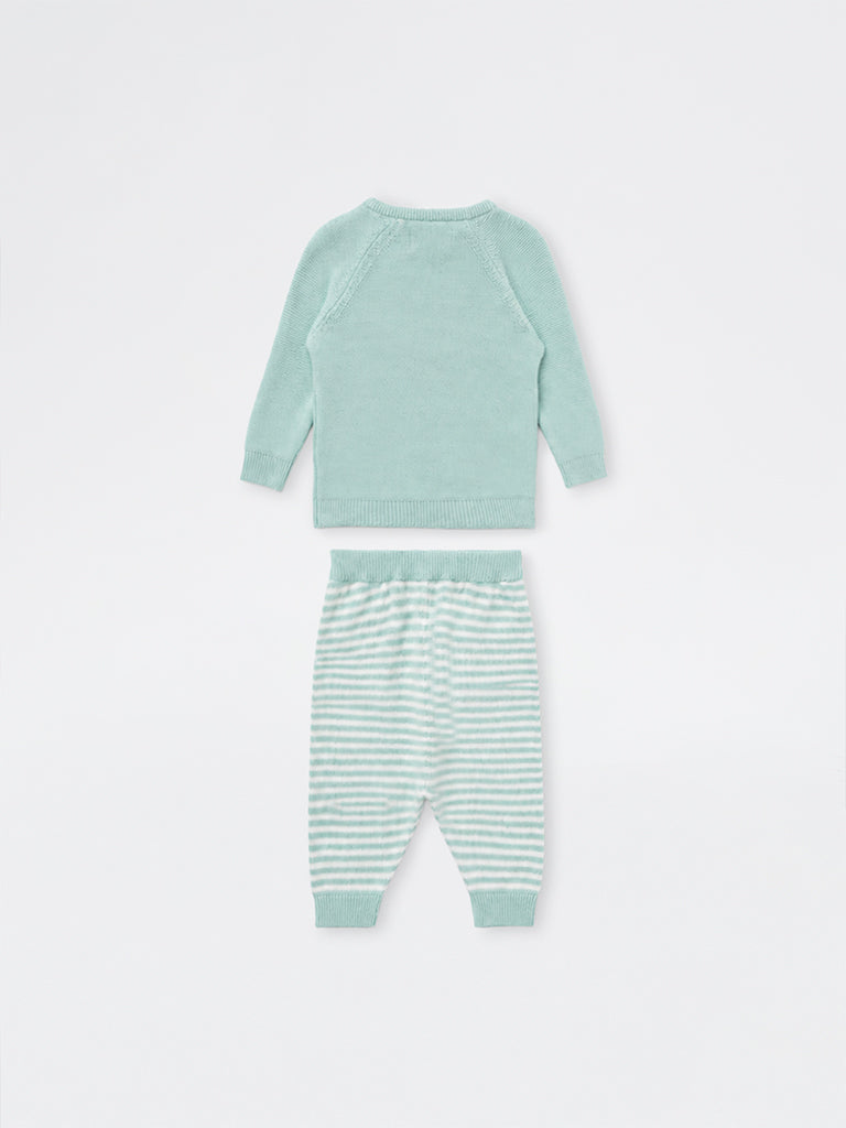 HOP Baby Boys Mint Bear Embroidered Cotton Sweater and Pants Set