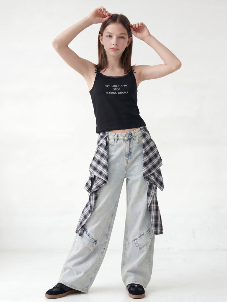 Girls Light Blue Checkered Wrap-Around Style High-Rise Jeans