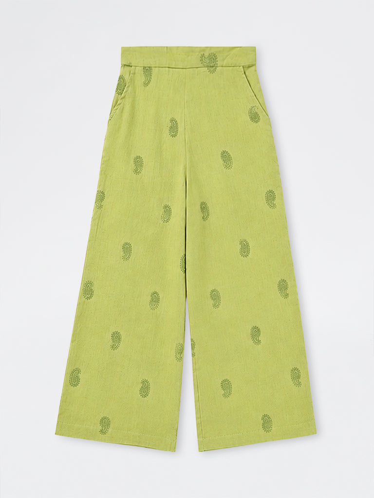 Utsa Kids Girls Green Paisley Embroidered Cotton-Blend Ethnic Pants - (8-14 yrs)